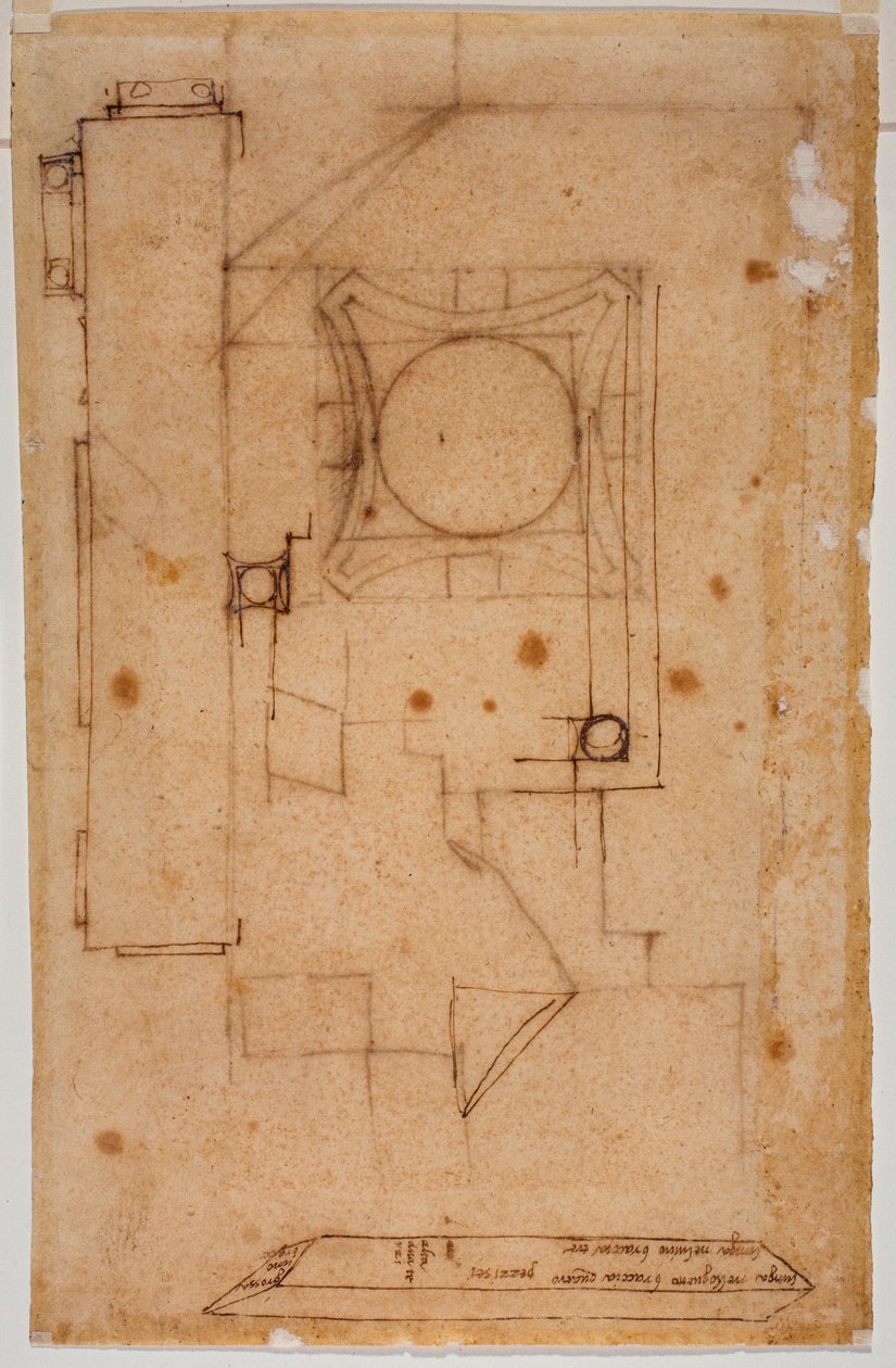 Del av huvudbyggnad, fasadplan och skisser med autografiska noteringar om mått av Michelangelo Buonarroti