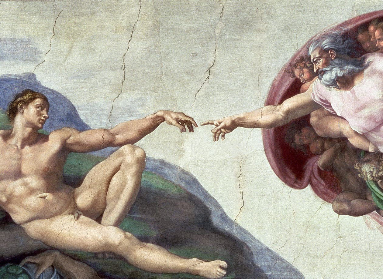 Sixtinska kapellets tak: Adams skapelse, detalj av de utsträckta armarna, 1510 fresk efter restaurering av Michelangelo Buonarroti