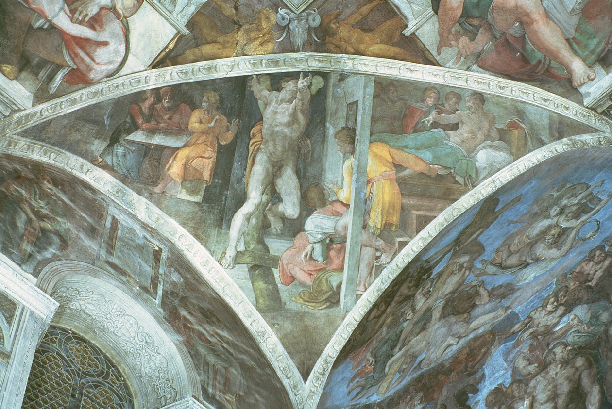 Sixtinska kapellets tak: Haman (spandrel) (förrestaurering) av Michelangelo Buonarroti
