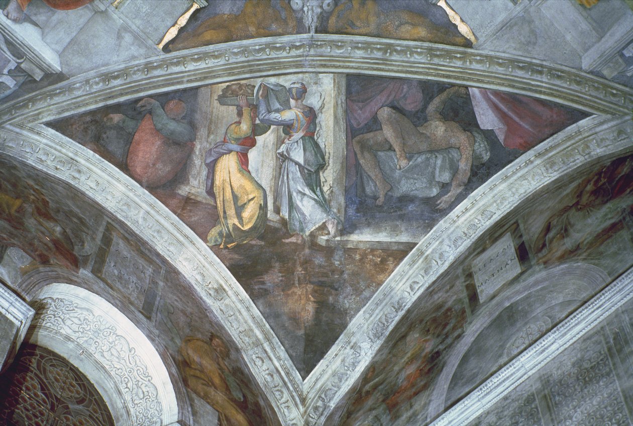 Sixtinska kapellets tak: Judith bär huvudet av Holofernes (spandrel) (för restaurering) av Michelangelo Buonarroti