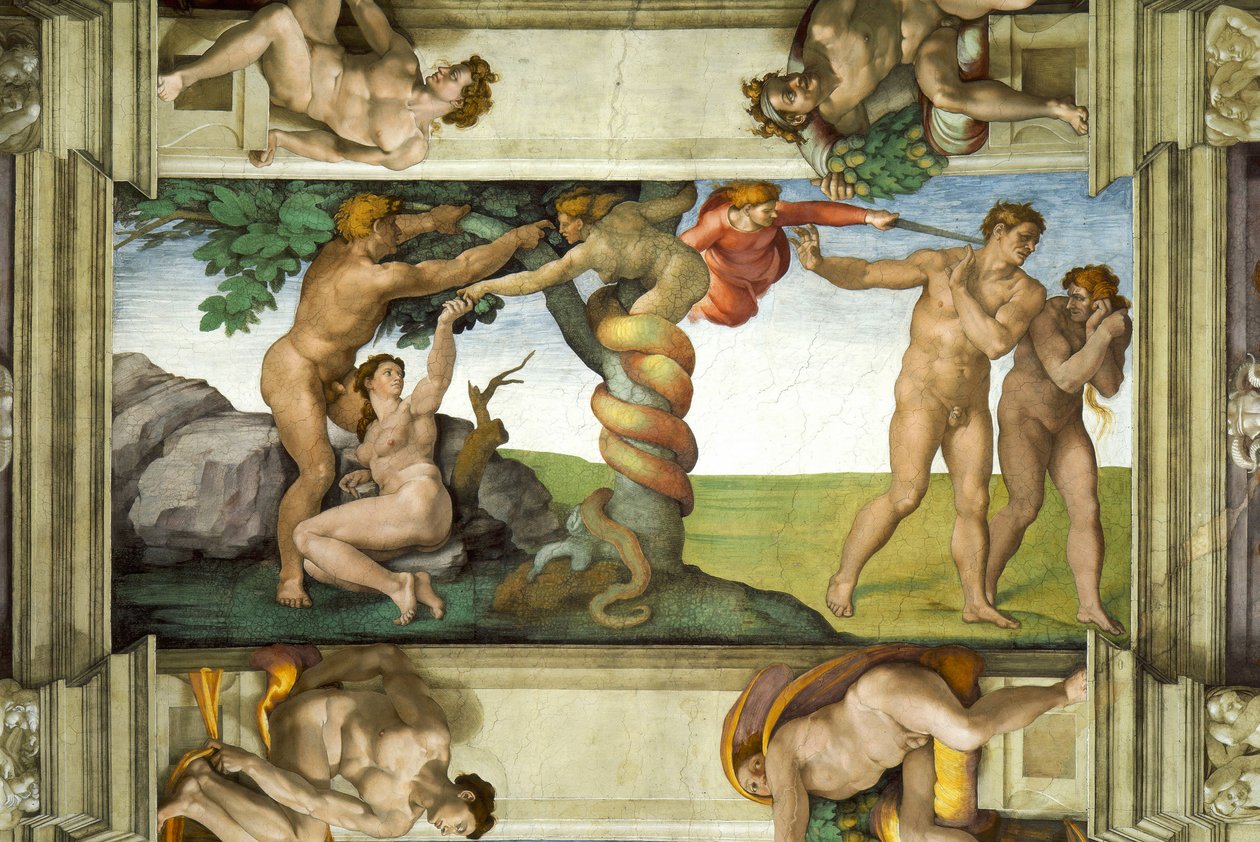 Sixtinska kapellets tak: Människans fall och utdrivningen från Edens lustgård, med fyra Ignudi av Michelangelo Buonarroti