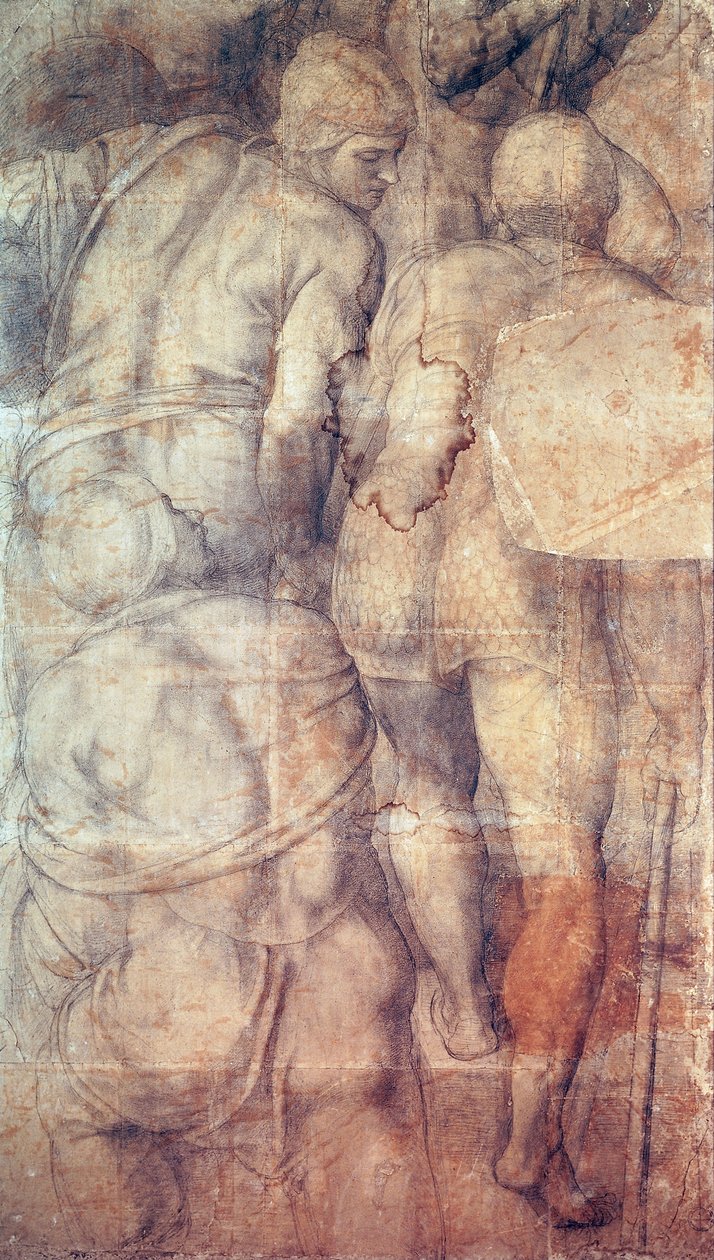 Soldater, av Michelangelo (1475-1564), förberedande tecknad serie (undermålning) för fresk av St Peters korsfästelse skapad i Pauline Chapel i Vatikanpalatset av Michelangelo Buonarroti