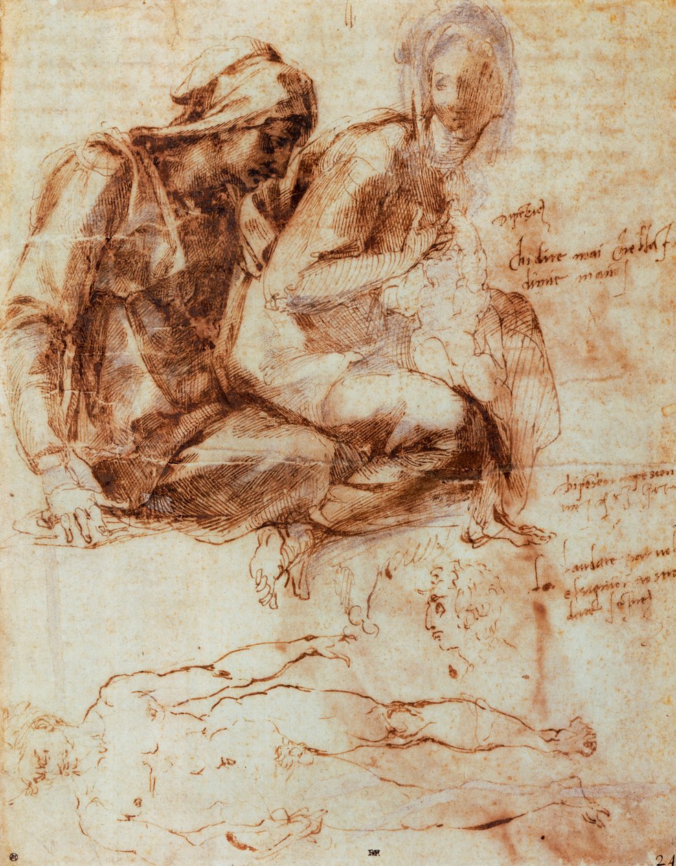 St Anne och Madonna med barn, av Michelangelo (1475-1564), teckning av Michelangelo Buonarroti