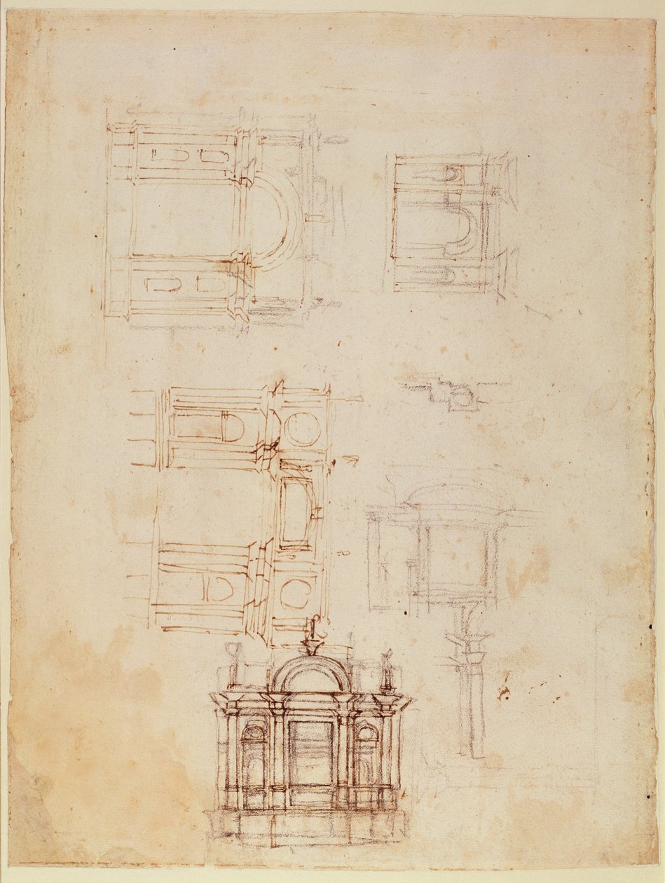 Studier för arkitektonisk komposition i form av en triumfbåge, c.1516 (svart krita med penna och brunt bläck på papper) (recto) (för verso se 191776) av Michelangelo Buonarroti