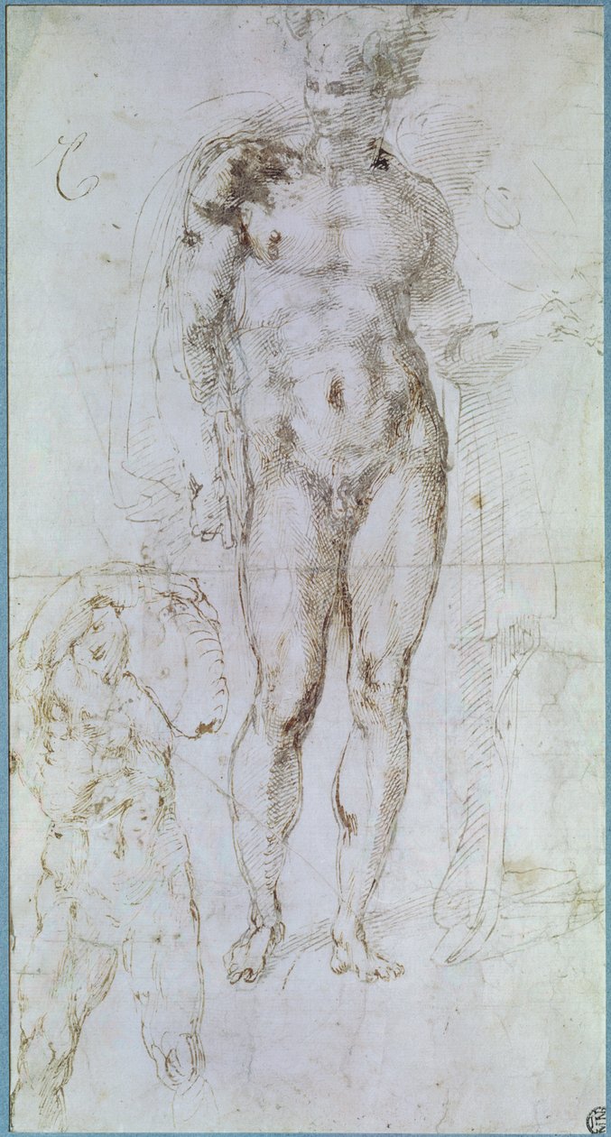 Studie för Apollo (tidigare Merkurius) stående naken med en kappa draperad över sina axlar och figuren av en man som bär en börda av Michelangelo Buonarroti