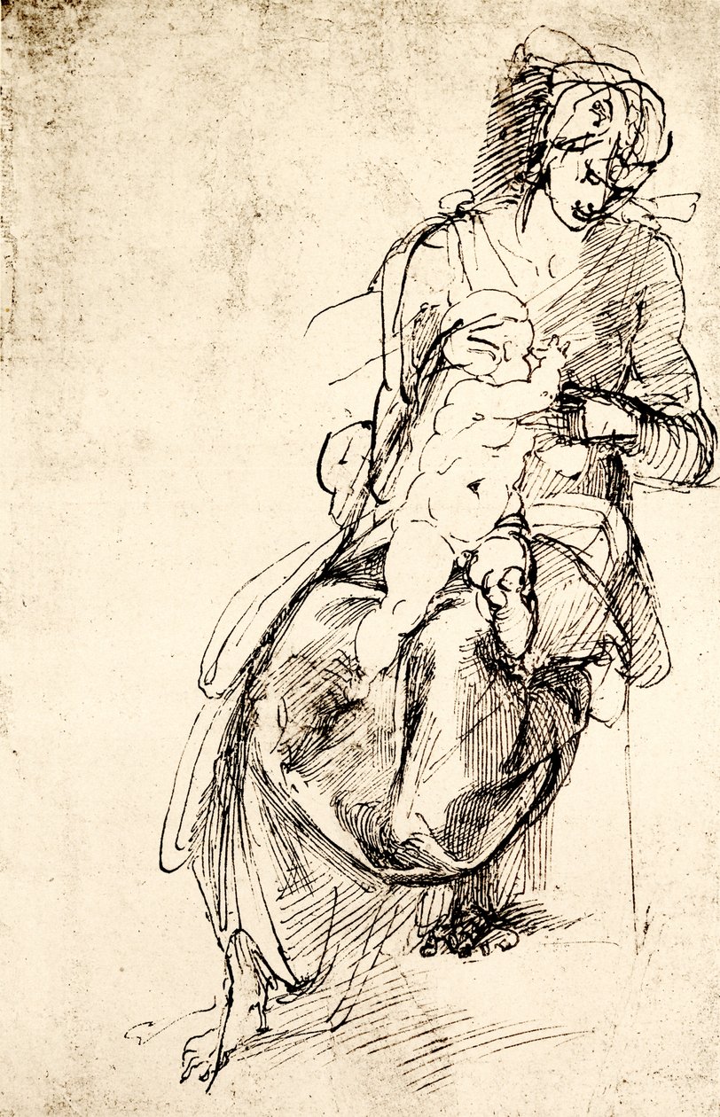 Studie till Madonnastatyn i Medici-kapellet i Florens av Michelangelo Buonarroti