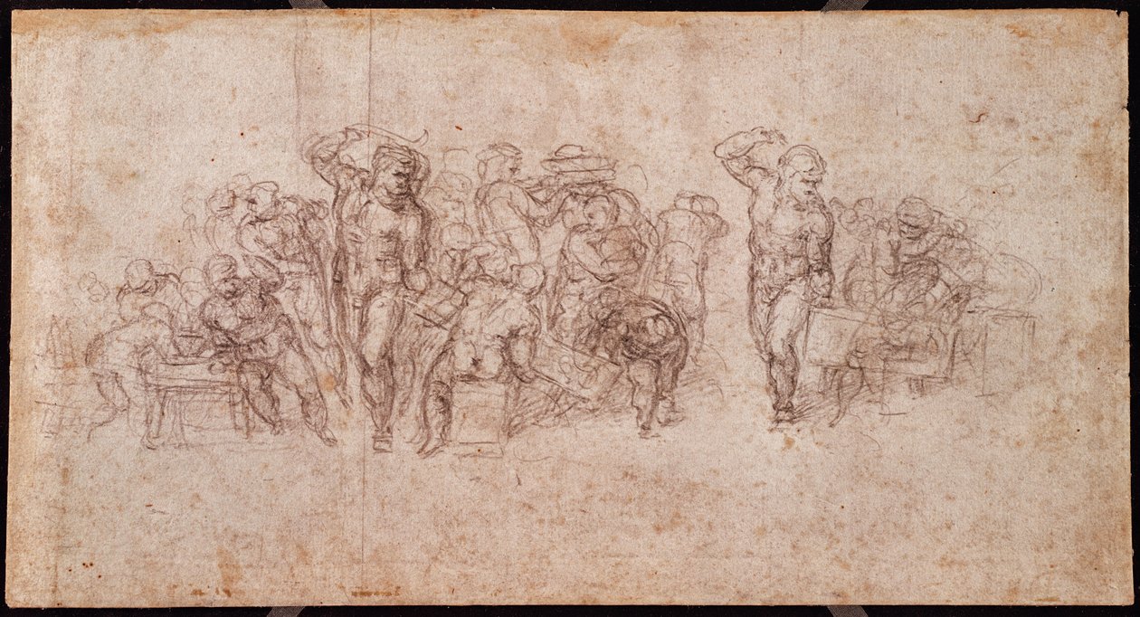 Studie av figurer för en narrativ scen (svart krita på papper) (recto) (för verso se 191764) av Michelangelo Buonarroti