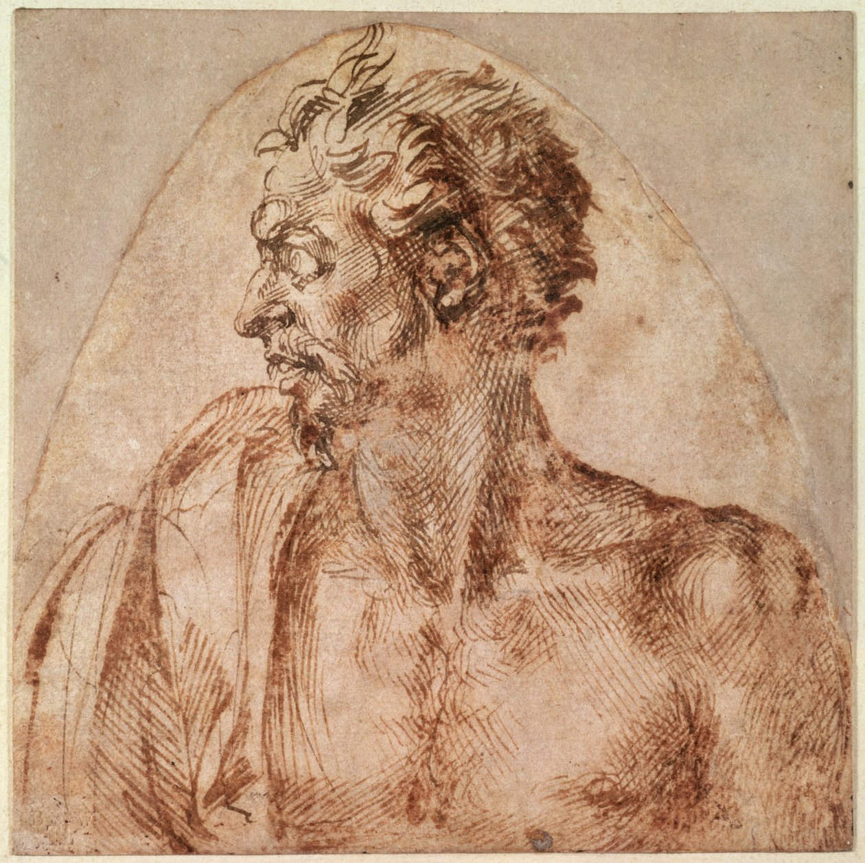 Studie af hoved og skuldre (blæk på papir) swed av Michelangelo Buonarroti