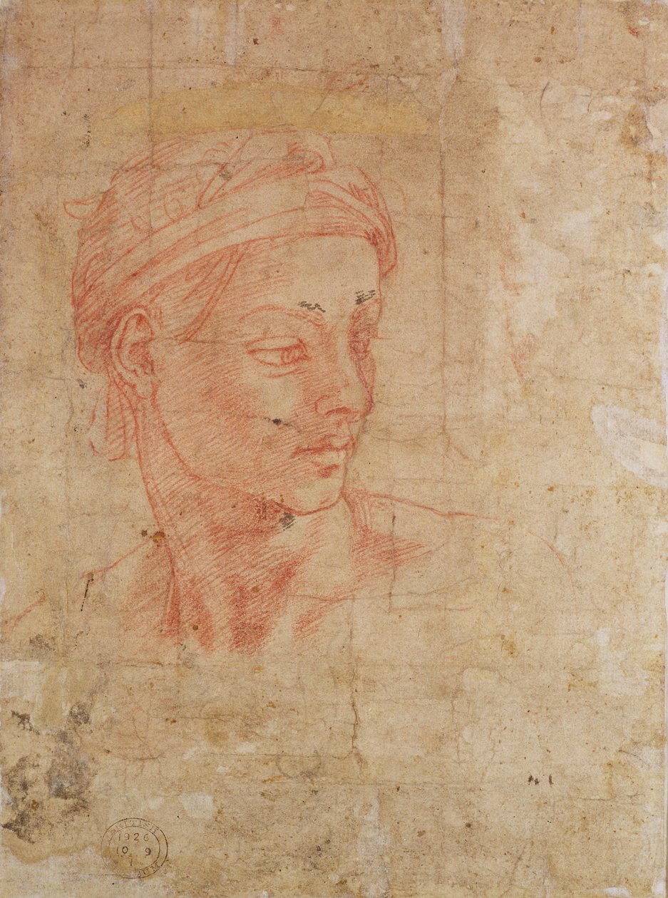Studie af et hoved (rødt kridt på papir) sved av Michelangelo Buonarroti