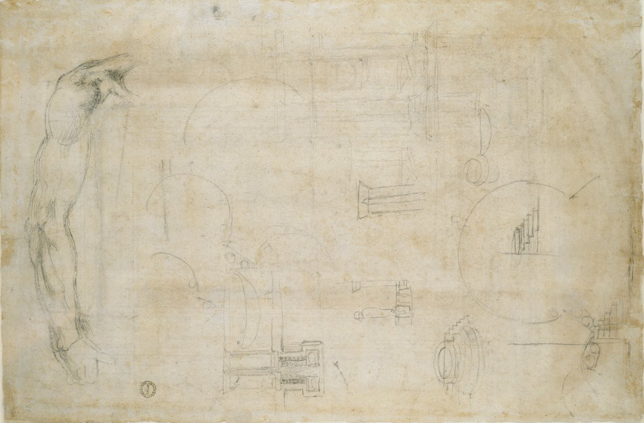 Studie av en mans arm och några arkitektoniska skisser, c1490-1560 av Michelangelo Buonarroti