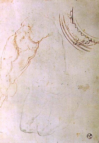 Studie av en liggande figur med korsade ben och en design för en lunette som visar en figur som monterar en trappa (penna & bläck, krita och kol på papper) av Michelangelo Buonarroti