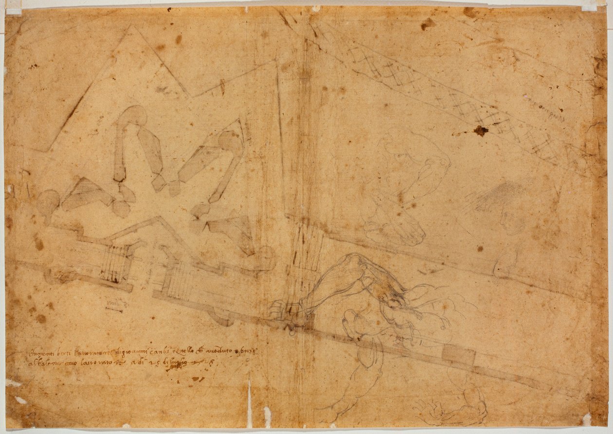 Studie av figur av annan hand och handskriven inskription av Michelangelo Buonarroti
