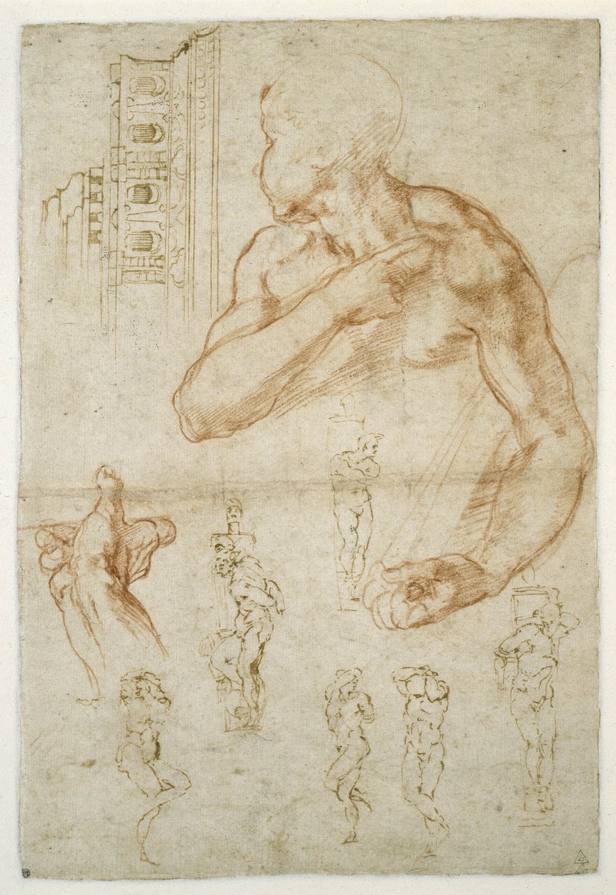 Studie av den libyska sibylens assisterande figur, ca 1512 (röd krita och penna på papper) av Michelangelo Buonarroti