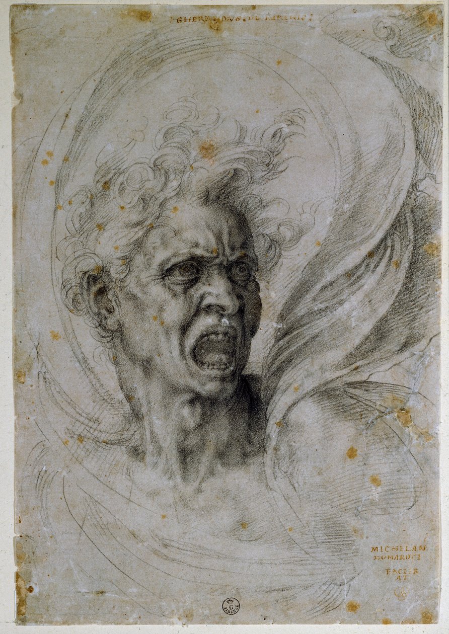 Studerar huvudet på en skrikande man. Teckning av Michelangelo Buonarroti känd som Michel Ange eller Michelangelo eller Michelangelo (1475-1564). Florens, Uffizimuseet (Florens, avdelningen för tryck och teckningar av Uffizierna). av Michelangelo Buonarroti