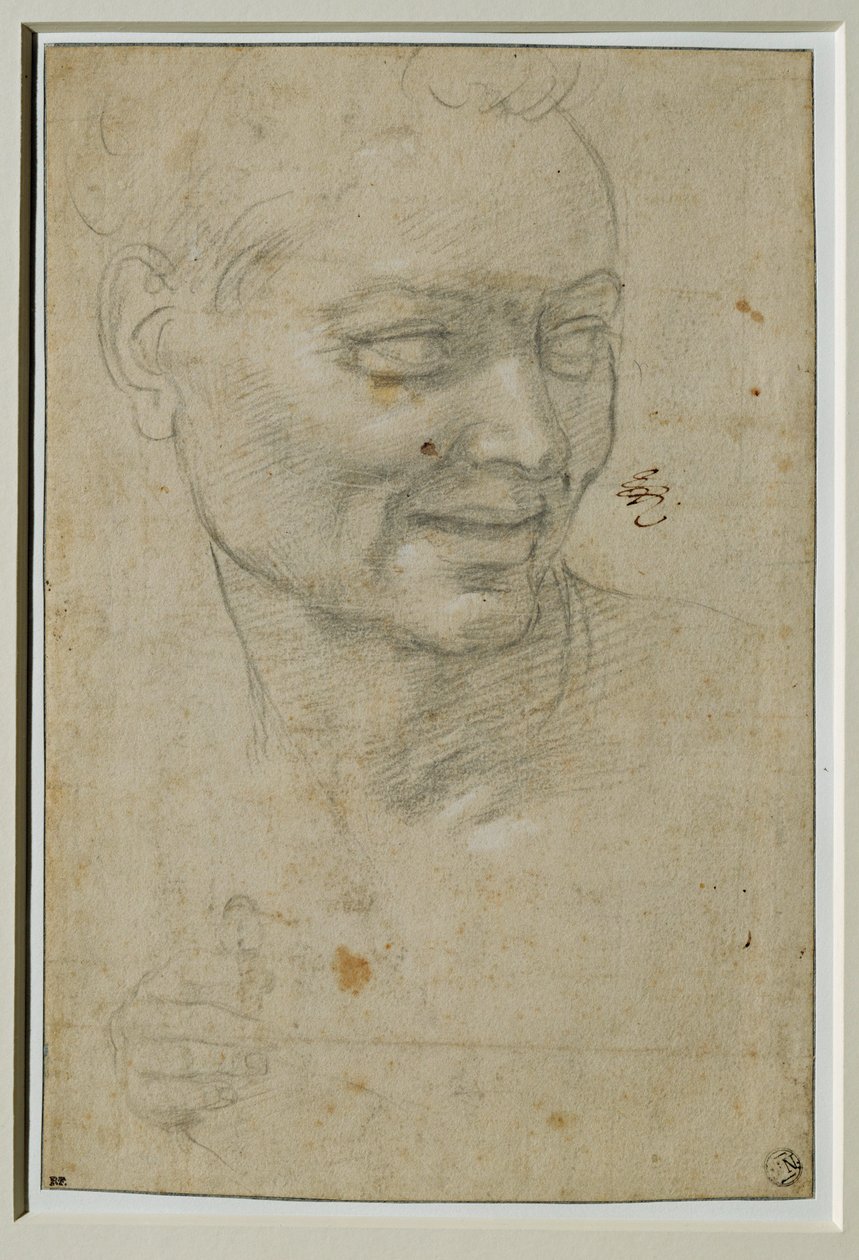 Huvud och ignudosens högra hand ovanför och till vänster om Jesaja, vid valvet i Capella Sistina ... av Michelangelo Buonarroti