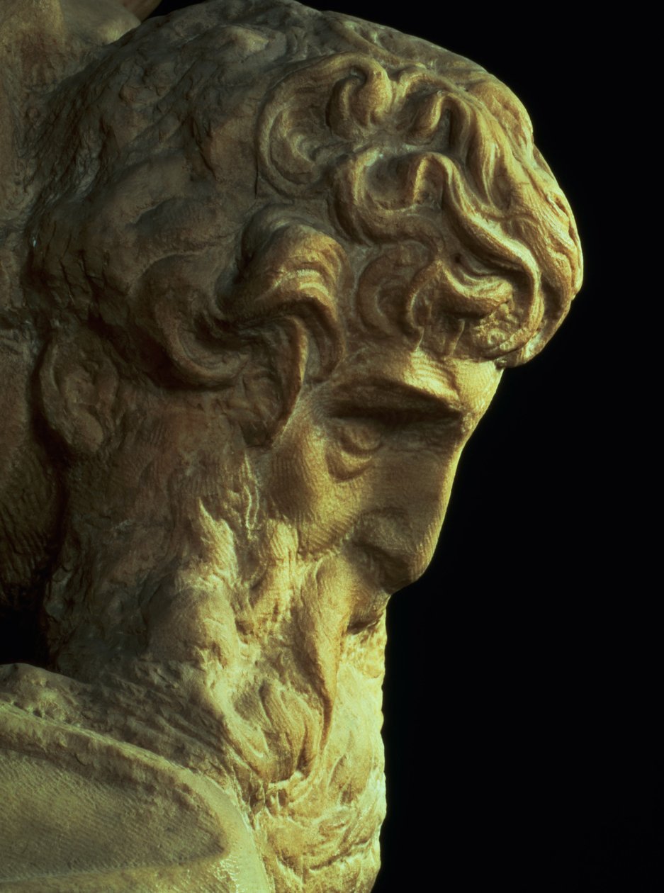Segerns geni av Michelangelo Buonarroti 1475-1564 detalj av ett oavslutat huvud, 1527-28 marmor se 52671 av Michelangelo Buonarroti