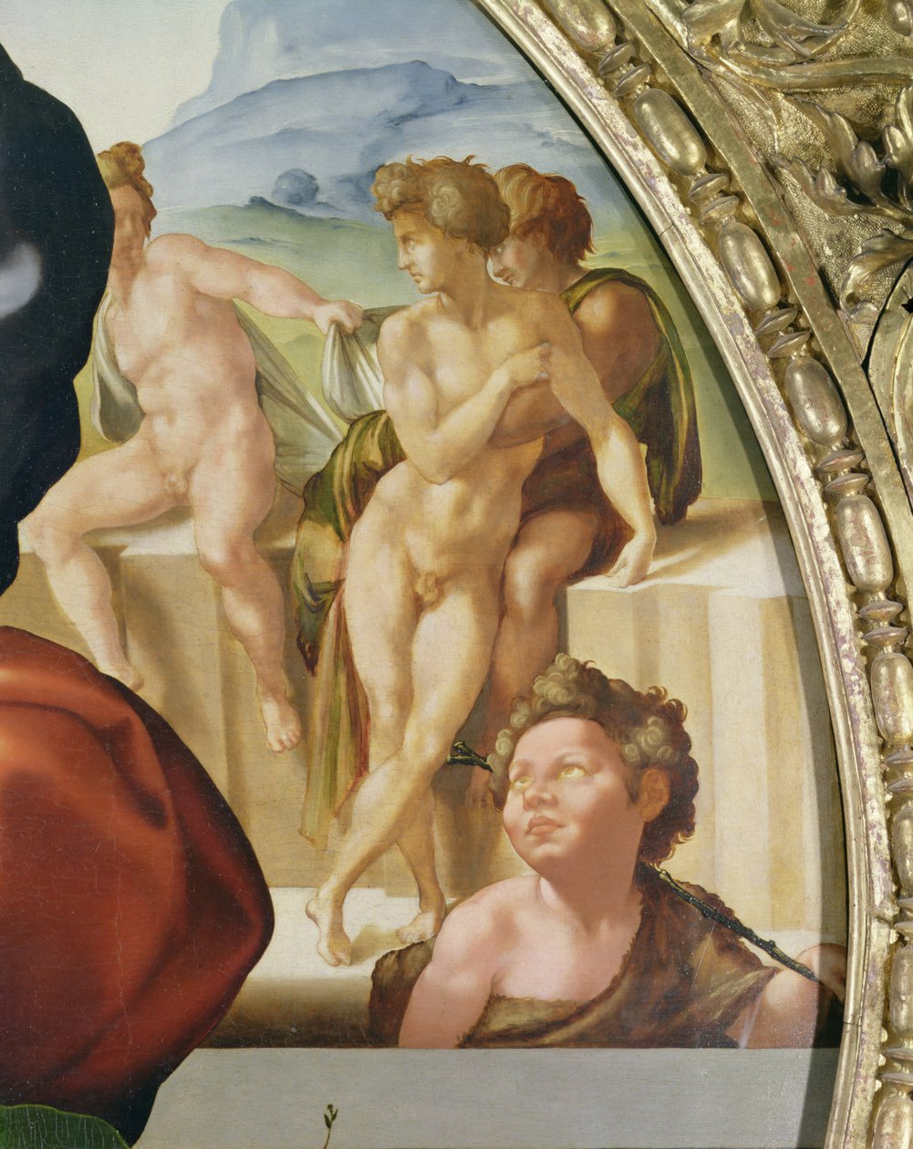 Den heliga familjen med St. John (Doni Tondo) som visar nakna figurer i bakgrunden av Michelangelo Buonarroti