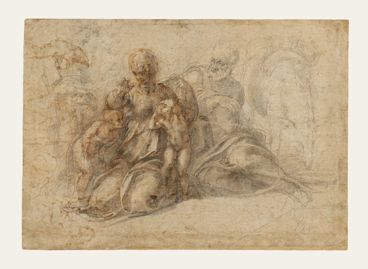 Den heliga familjen med barnet Johannes Döparen (recto); Amorösa Putti i lek; Fågelhuvud (verso) av Michelangelo Buonarroti