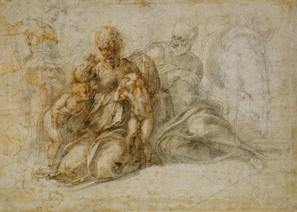 Det spädbarns möte St John the Baptist med den heliga familjen i närvaro av änglar: The Rest on the Flight to Egypt av Michelangelo Buonarroti