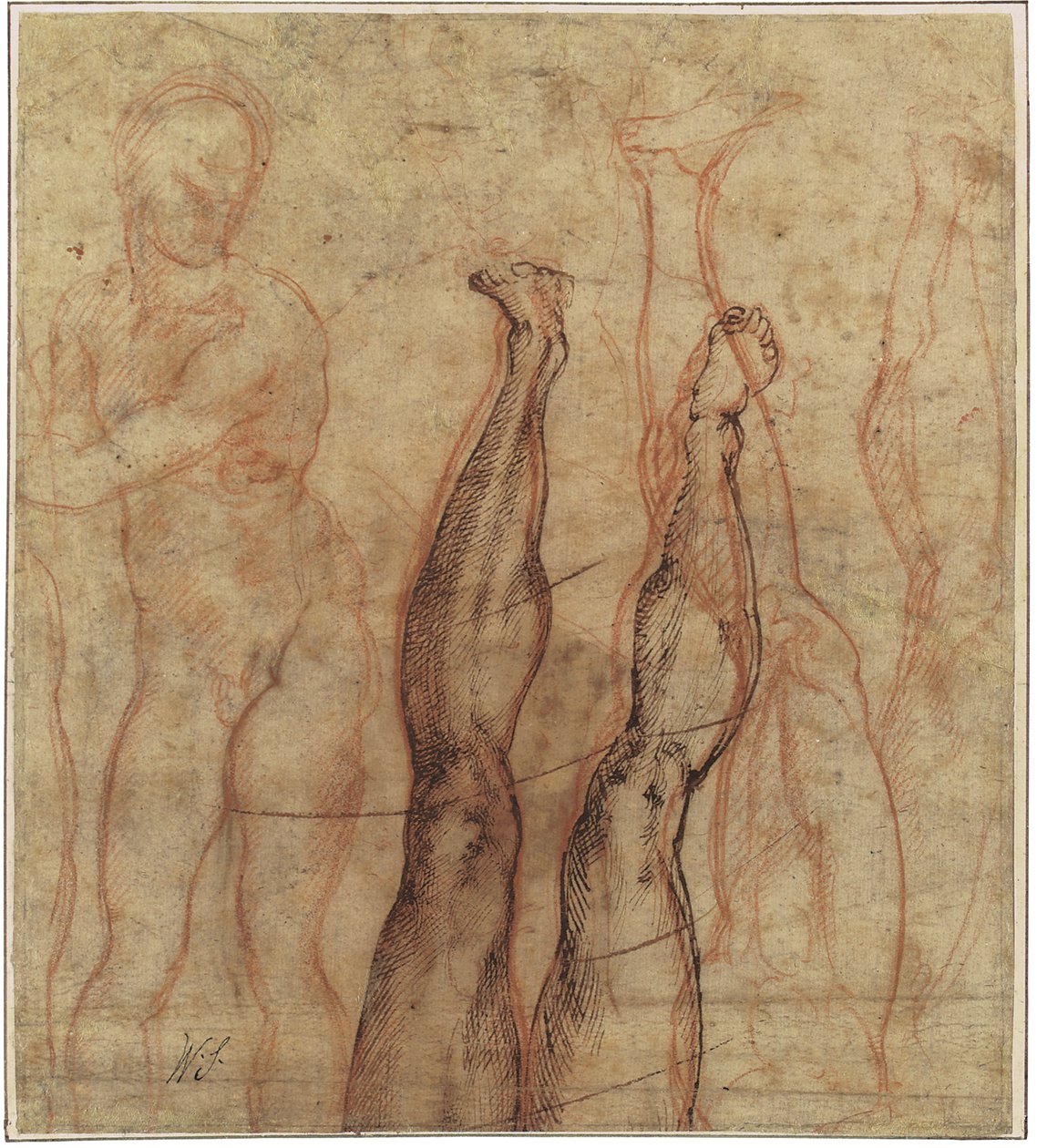 Den uppståndne Kristus, tre fjärdedels lång naken ritad över studier av ett ben och en fot av Michelangelo Buonarroti
