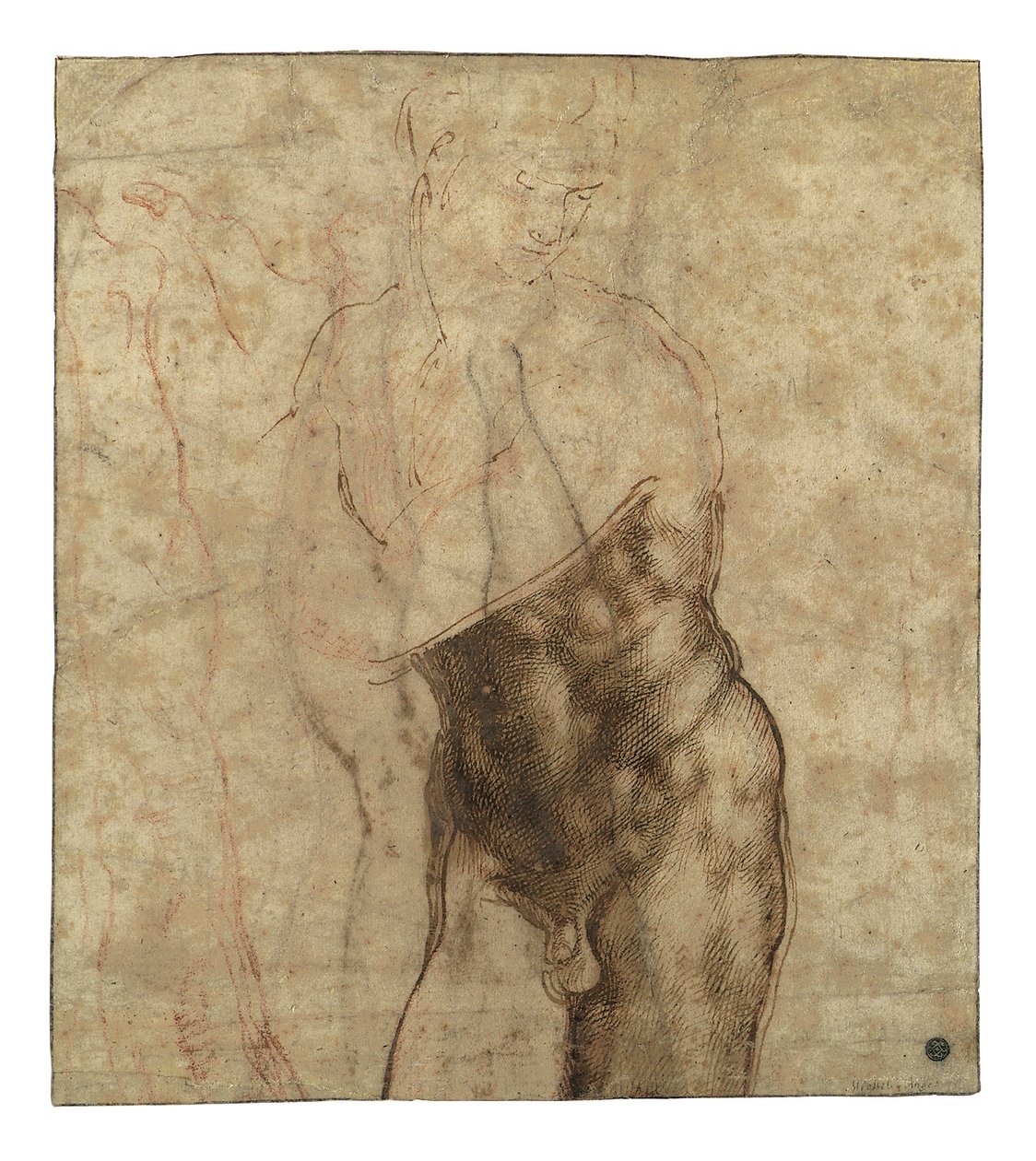 Den uppståndne Kristus, tre fjärdedels lång naken tittar ner till höger av Michelangelo Buonarroti