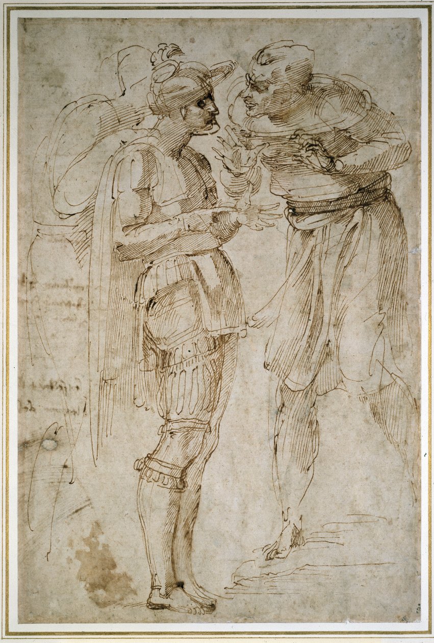 Tre män i samtal (penna och brunt bläck på papper) av Michelangelo Buonarroti
