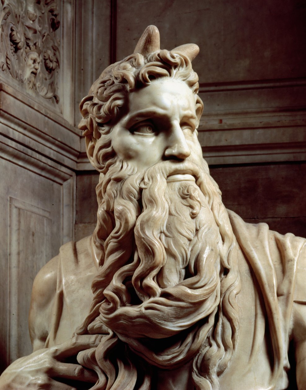 Påven Julius II:s grav 1453-1513 detalj av Moses huvud, 1513-16 marmor av Michelangelo Buonarroti
