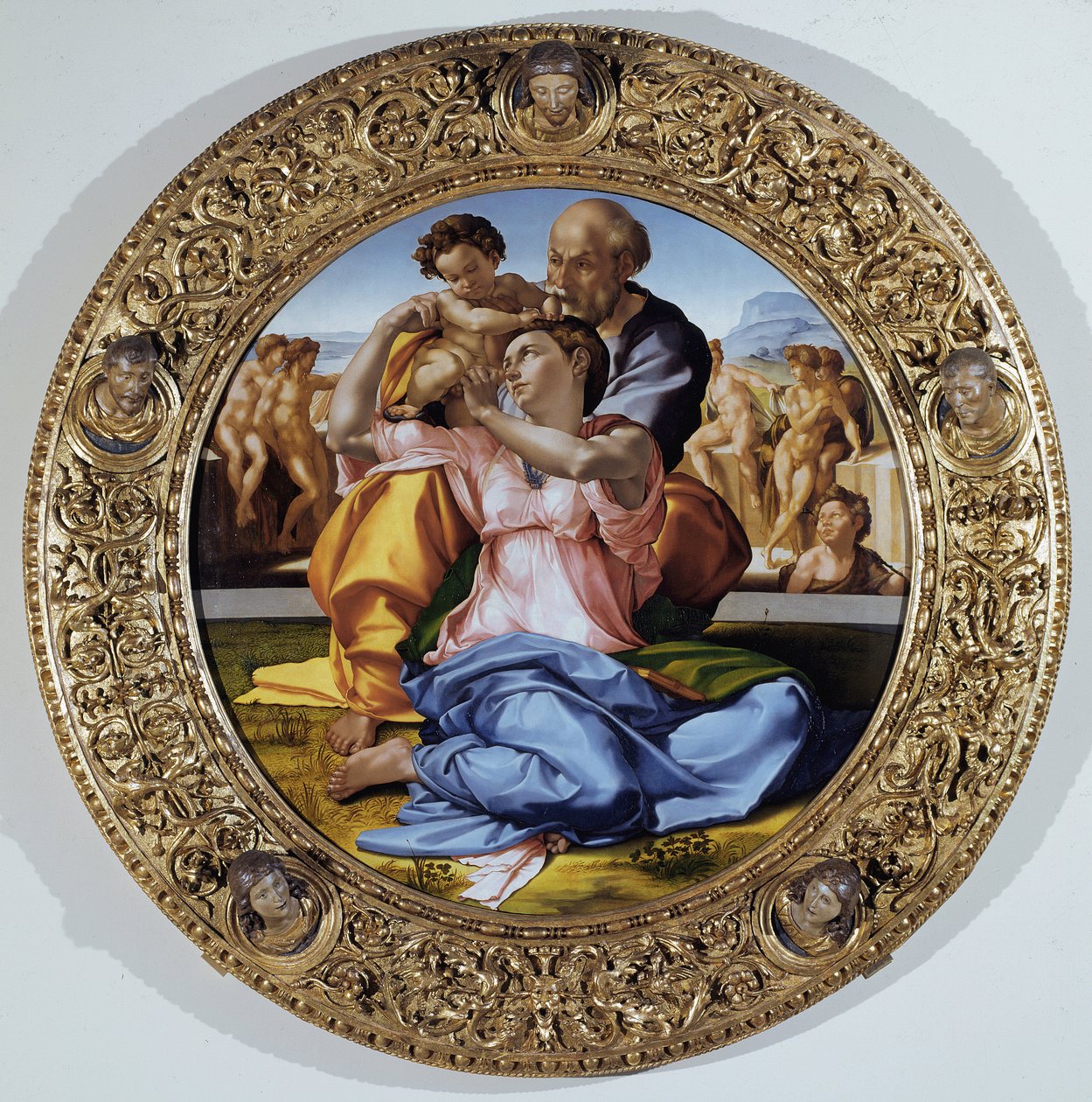 Tondo Doni: Den heliga familjen med Johannes döparen - olja på panel av Michelangelo Buonarroti