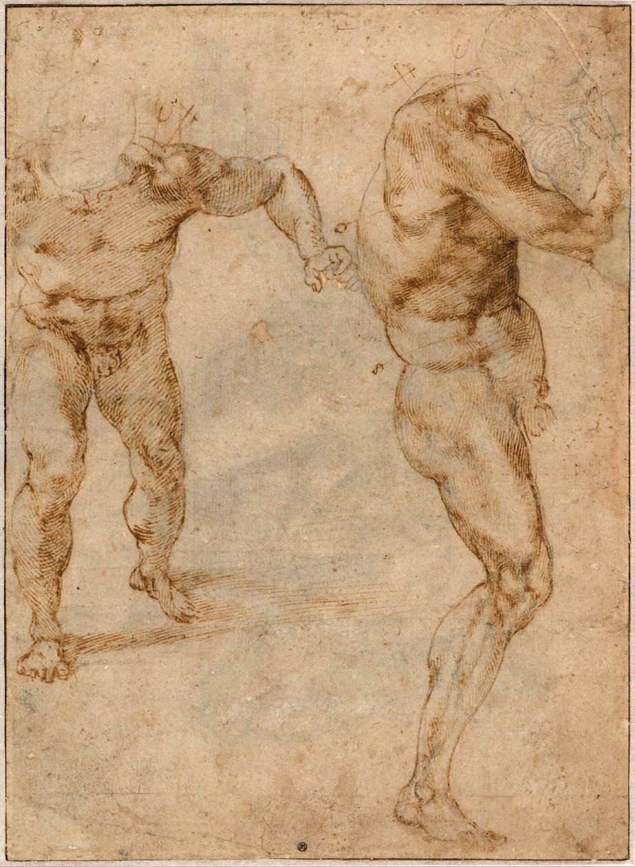 Två nakenstudier av en man som stormar fram och en annan som vänder sig åt höger, ca. 1504 av Michelangelo Buonarroti