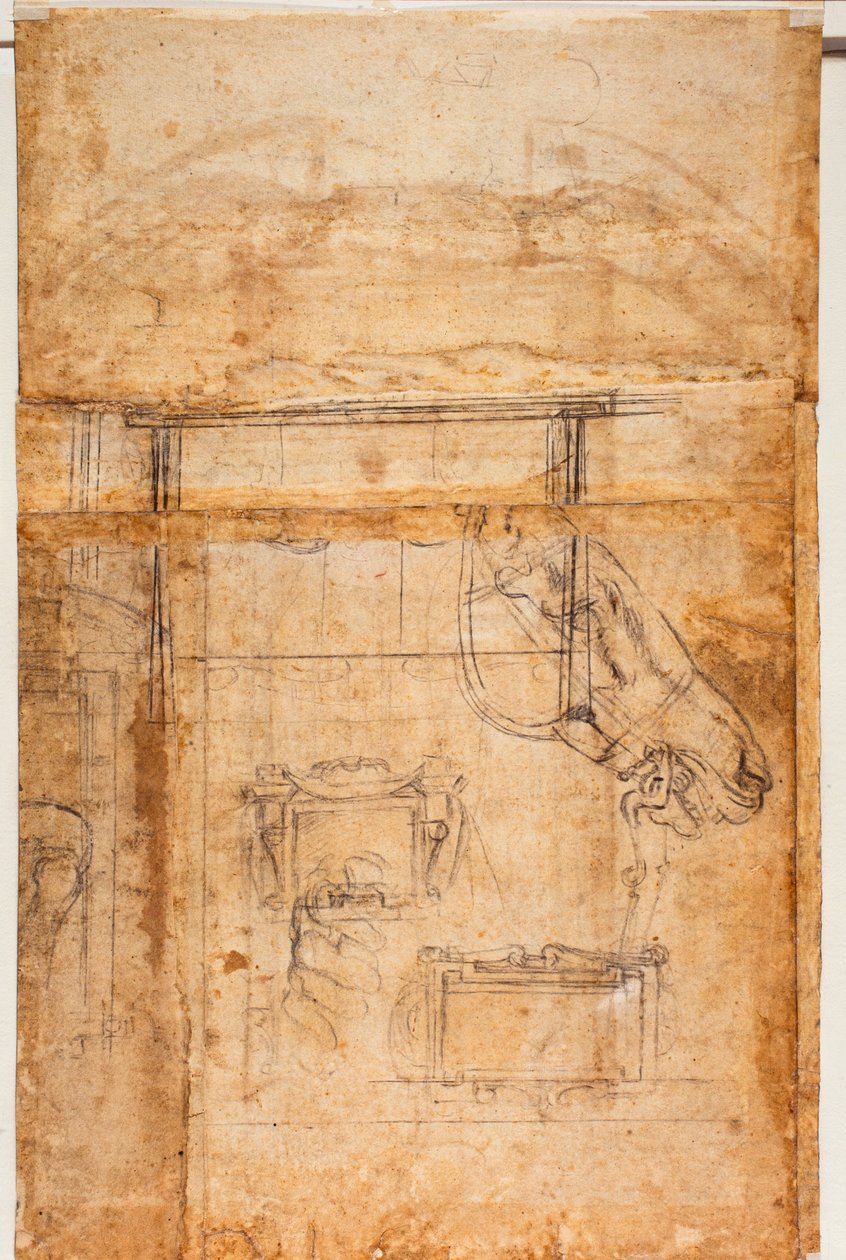 Olika studier av figurer och arkitektur av Michelangelo Buonarroti