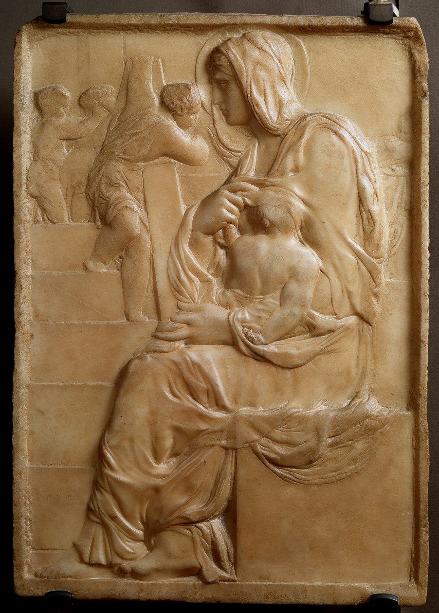 Jungfru på trappan (Madonna della Scala) Låg marmorrelief av Michelangelo Buonarroti dit Michel Ange (Michelangelo eller Michelangelo av Michelangelo Buonarroti