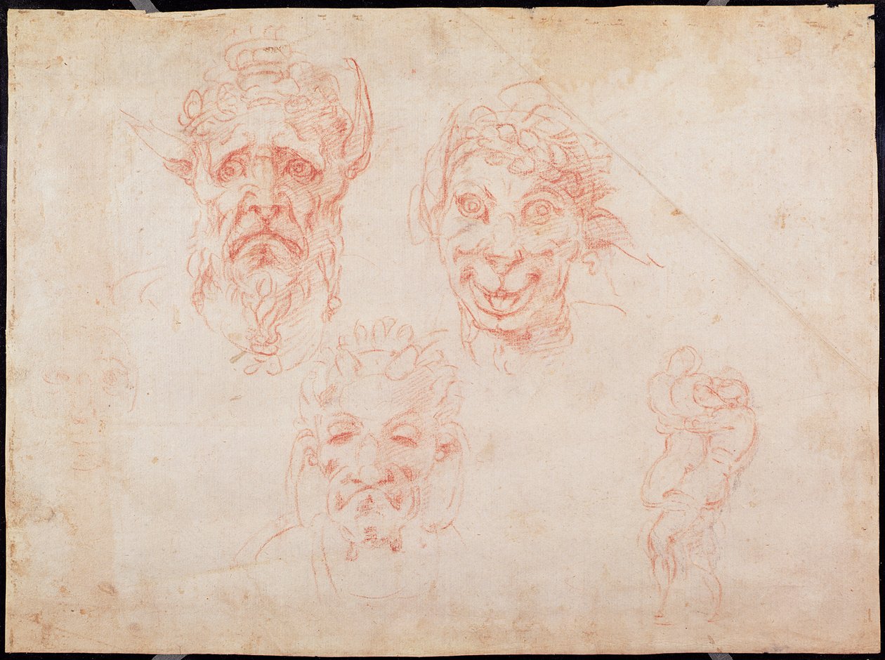 W.33 Skisser av satyransikten (röd krita på papper) av Michelangelo Buonarroti