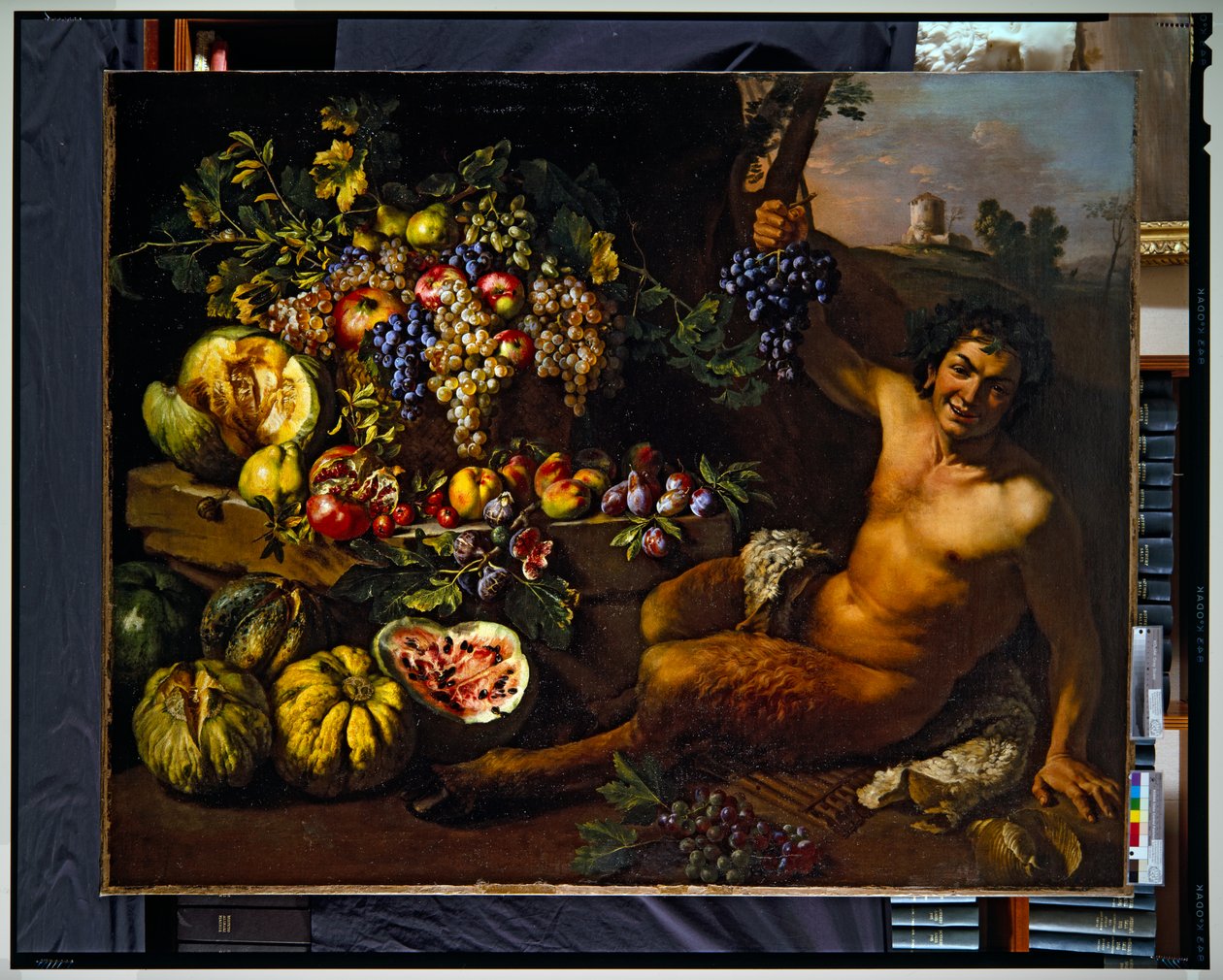 Stilleben med en satyr i ett landskap (duk) av Michelangelo Cerquozzi