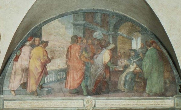 St. Antoninus grundar Company of Good Men på San Martino, lunette (fresk) av Michelangelo Cinganelli