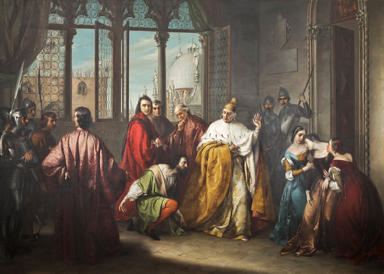 Dogen Francesco Foscari skickar sin son Jacopo i exil ("I due Foscari") av Michelangelo Grigoletti