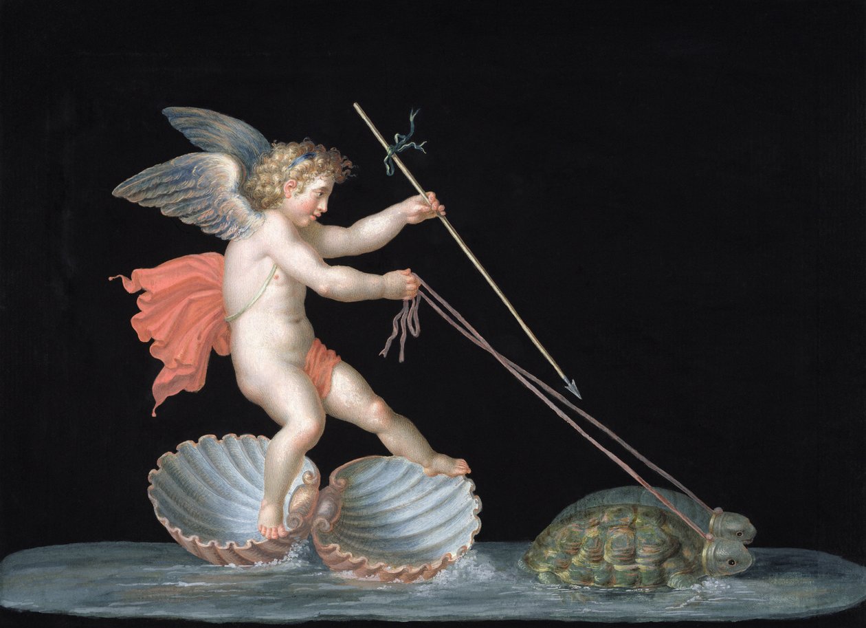 Amor leds av sköldpaddor (olja på panel) av Michelangelo Maestri