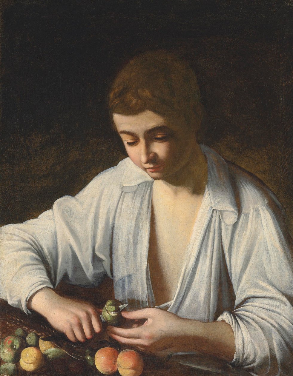 En pojke som skalar frukt av Michelangelo Merisi Caravaggio