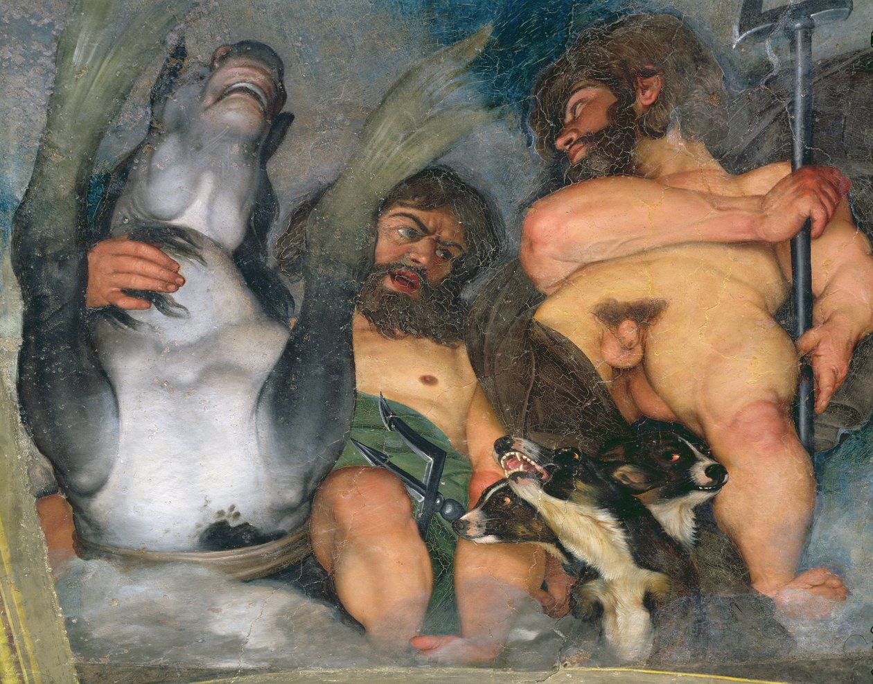 Allegori över elementen, universum och zodiakens tecken, detalj av Neptunus och Triton med Cerberus, den trehövdade hunden, 1597 olja på gips detalj av 107109 av Michelangelo Merisi Caravaggio