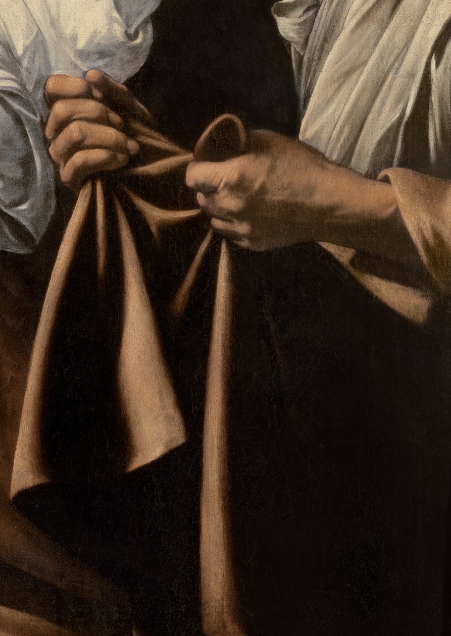 Detalj av tjänare som håller väska för huvudet från Judith och Holofernes, 1599 av Michelangelo Merisi Caravaggio