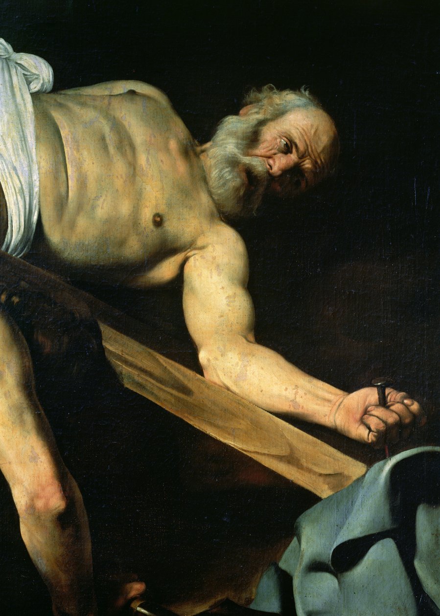 The Crucifixion of St. Peter, detalj av St. Peter, 1600-01 av Michelangelo Merisi Caravaggio