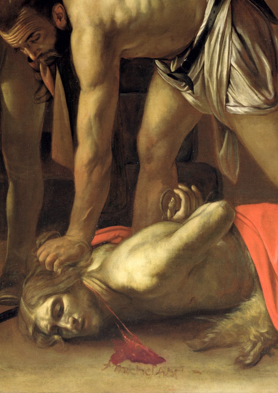 The Decapitation of St. John the Baptist, 1608 olja på duk detalj av 127654 av Michelangelo Merisi Caravaggio