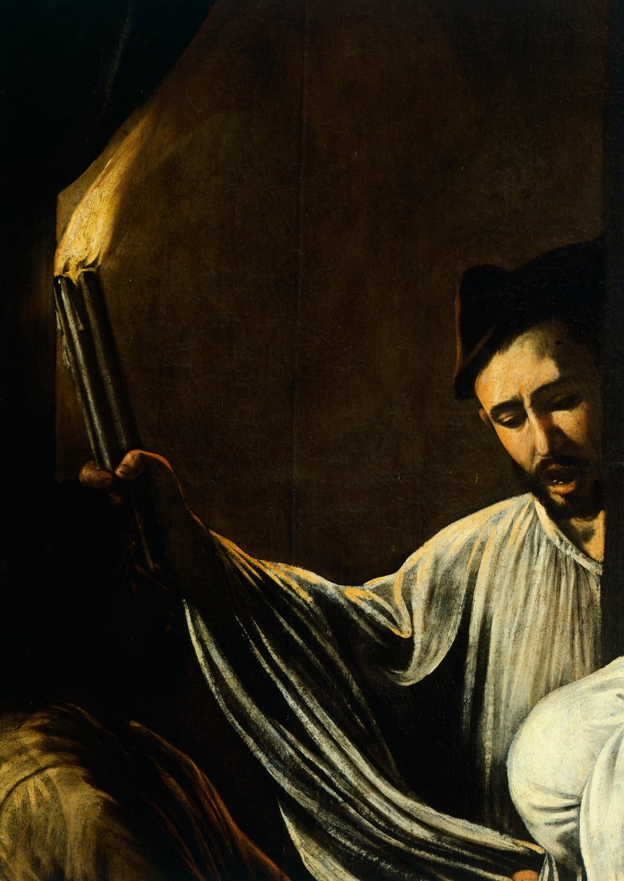 En man som håller en fackla och begraver en död, detalj från Our Lady of Mercy eller Seven Acts of Mercy, c.1606-07 (olja på duk) av Michelangelo Merisi da Caravaggio
