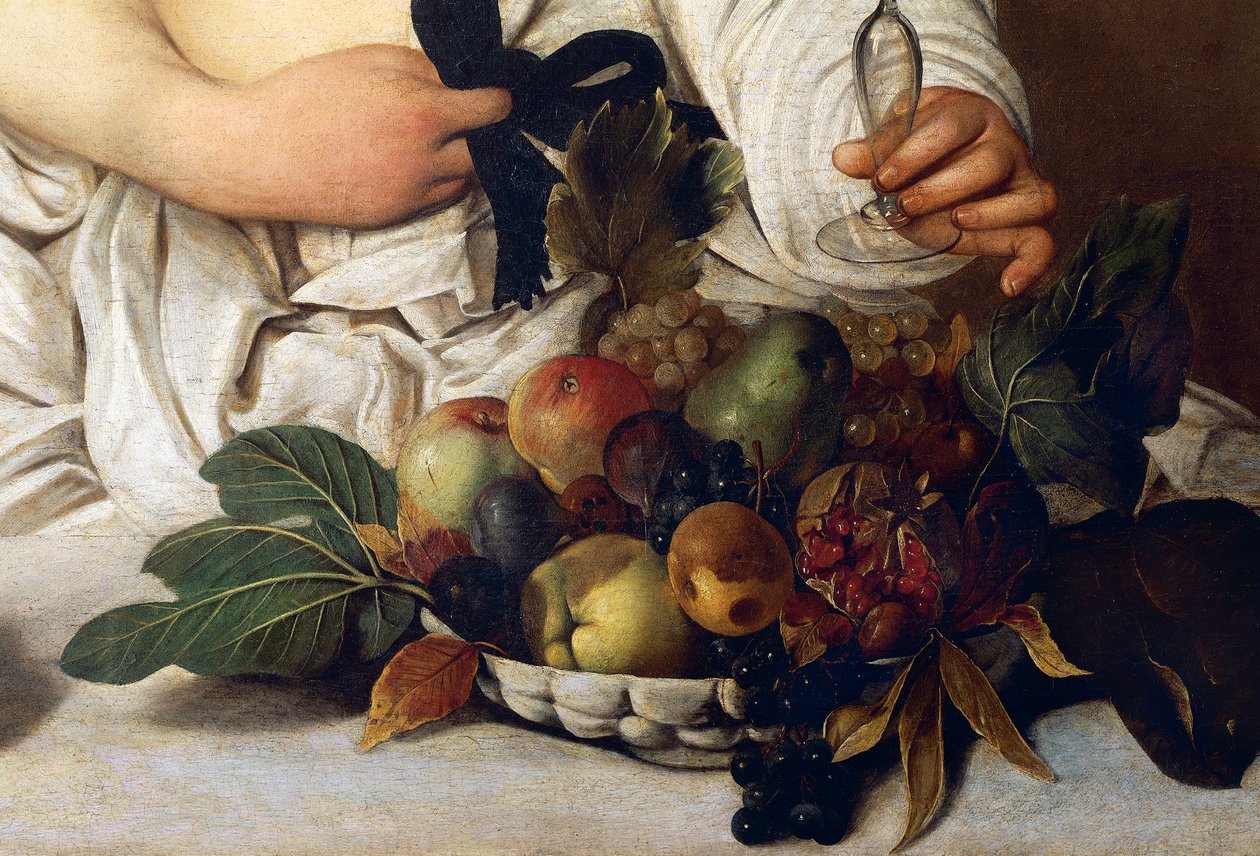 Bacchus, detalj med skål med frukt, ca 1589 (olja på duk) av Michelangelo Merisi da Caravaggio