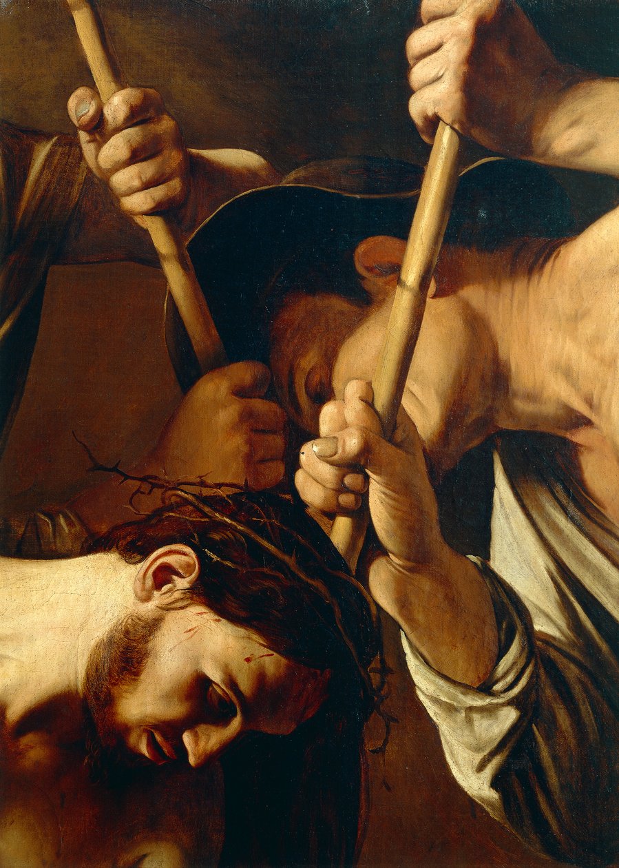 Face of Christ, The Crowning with Thorns, c.1603 (olja på duk) (detalj av 507206) av Michelangelo Merisi da Caravaggio
