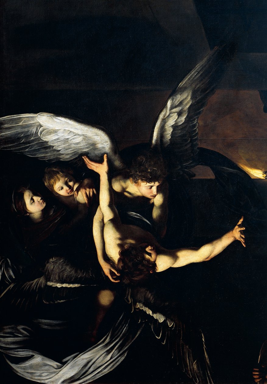 Figurer av änglar, detalj från Our Lady of Mercy eller Seven Acts of Mercy, c.1606-07 (olja på duk) av Michelangelo Merisi da Caravaggio