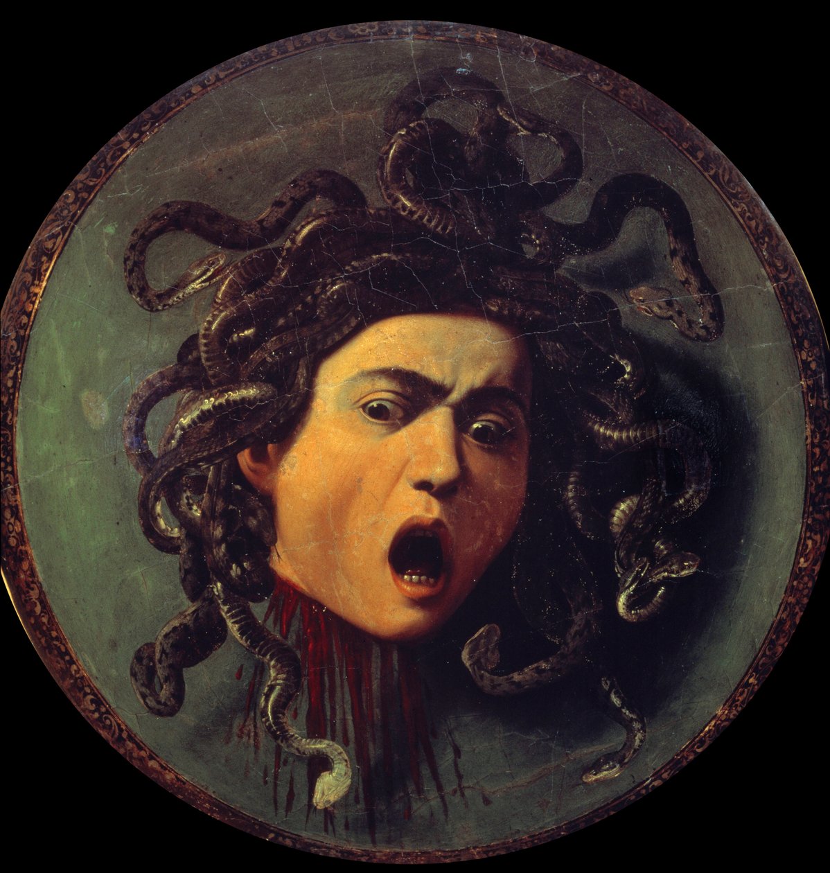Chef för Meduse. Målning på baksidan av en sköld täckt med duk. Symbol för förnuftets seger över sinnena med hänvisning till myten om Persee och Meduse (Gorgona). Målning av Michelangelo Merisi kallad The Caravaggio eller il Caravaggio (1571-1610) av Michelangelo Merisi da Caravaggio