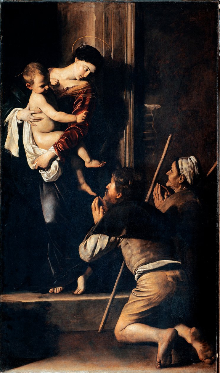 Madonna dei pellegrini även känd som Madonna av Loreto (Madonna des Pelerins eller Madonna de Lorette). Målning av Michelangelo Merisi dit Il Caravaggio (The Caravaggio) (1571-1610) 1603-1605 Dim.260x150 cm Rom, Sant 