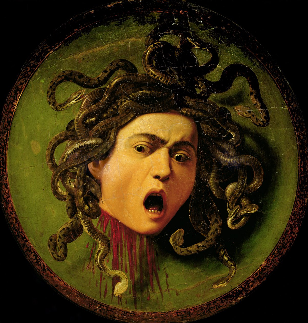 Medusa, målad på en tornerspelsköld av läder, ca 1596-98 (olja på duk fäst på trä) (före restaurering) av Michelangelo Merisi da Caravaggio