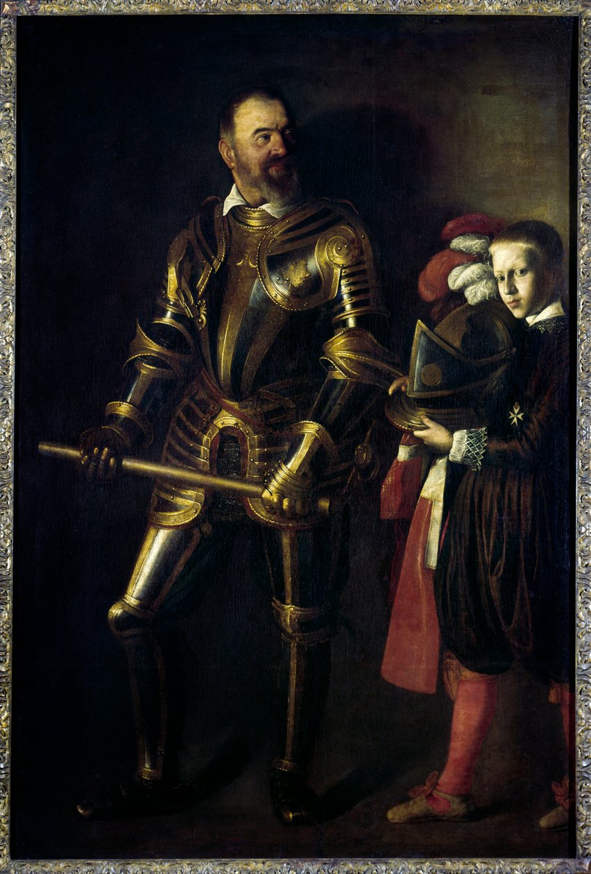 Porträtt till fots av Alof de Wignacourt (1547-1622) Stormästare av Maltas orden från 1601 till 1622, och hans sida Målning av Michelangelo Merisi dit Le Caravaggio ou il Caravaggio (1571-1610) 1608 Sön. 1,94x1,34 m av Michelangelo Merisi da Caravaggio