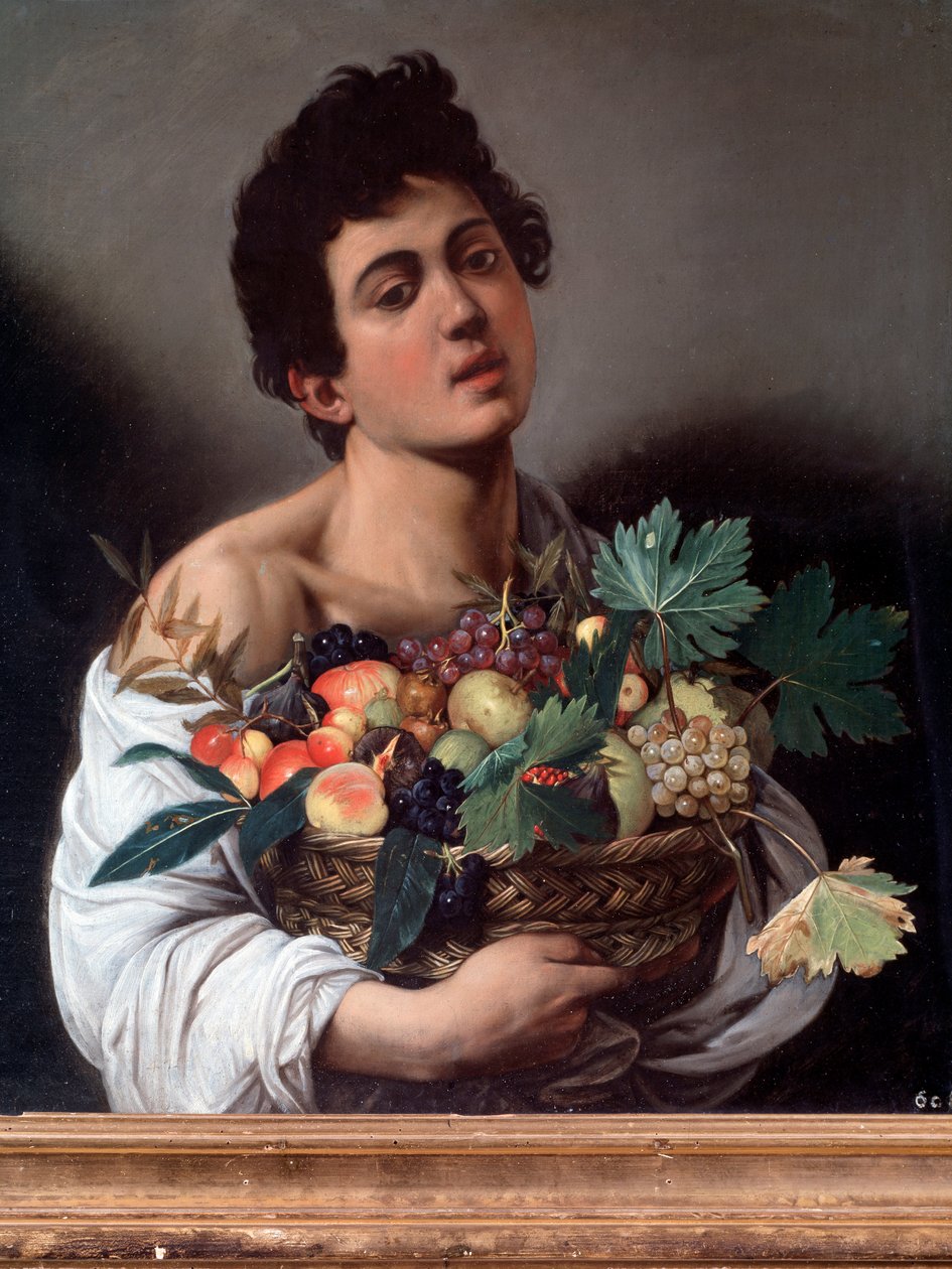 Porträtt av en ung man med en fruktkorg, eller fruktbäraren. Detalj (målning av Michelangelo Merisi da Caravaggio